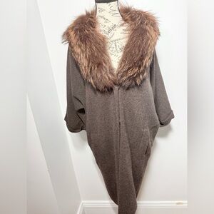 Neiman Marcus 100% Cashmere Long Coat Real Fox Fur Collar Quiet Luxury Winter